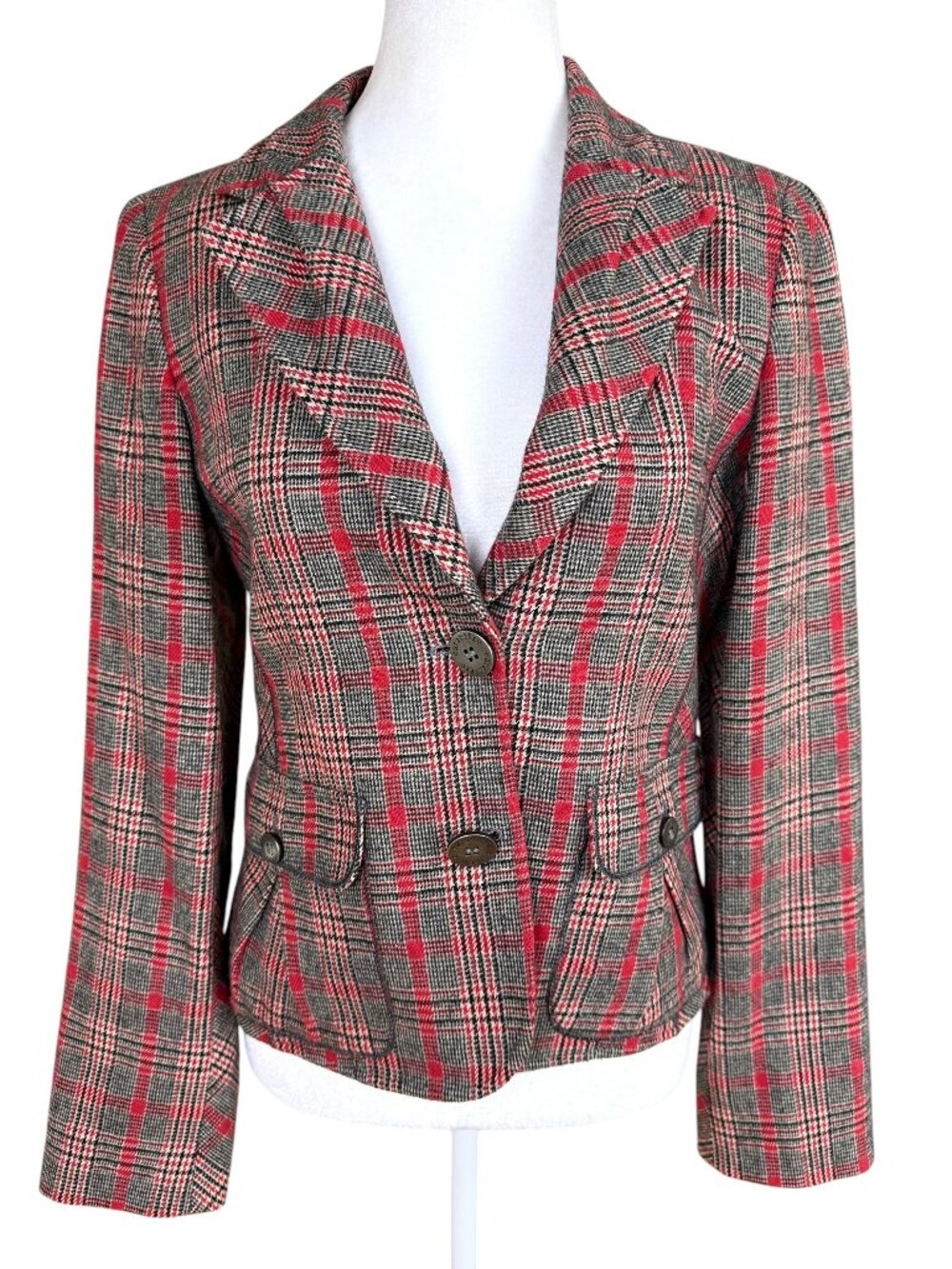 Caractere Plaid Blazer Wool Blend Red Black Tailored Patch Pockets (IT44/ US 8)
